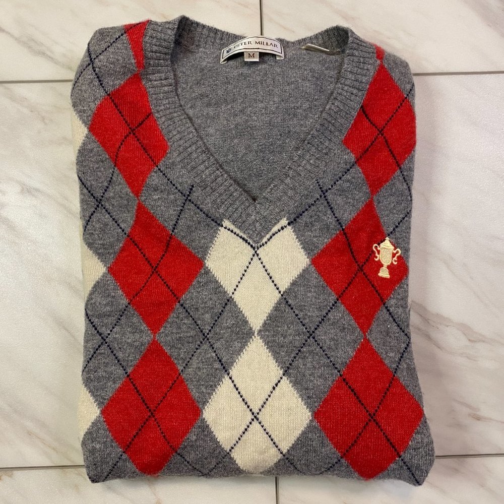 Peter Millar 100% Pure Cashmere Pullover V Neck Sweater Argyle PGA Golf Medium M